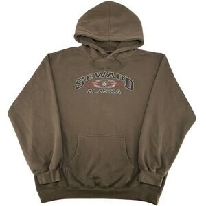 Vintage y2k Men's Brown Prairie Mountain Seward Alaska Hoodie Sweatshirt XXL